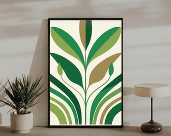 Stampa botanica minimalista verde, arte murale scandinava moderna