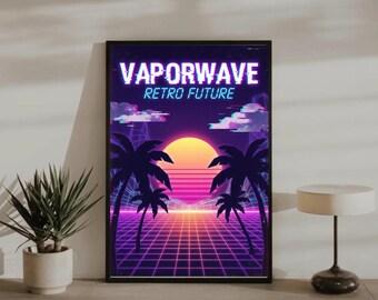 Vaporwave Retro Future Print, Neon Sunset Grid Poster, 80s 90s Cyberpunk Palm Trees Art