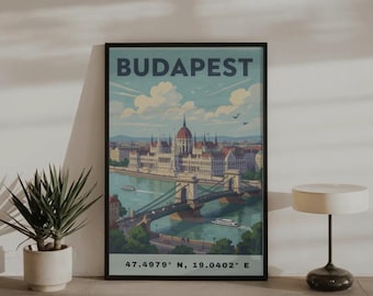 Budapest Travel Poster, Chain Bridge Parliament Illustration, Vintage Cityscape Decor