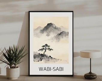 Wabi Sabi Mountain Art Print | Japanese Ink, Pine Tree