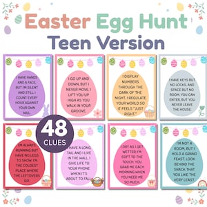 May include: An Easter Egg Hunt Teen Version game with 48 clues. The game features colorful cards with riddles and clues, each designed with an Easter theme. The cards are decorated with Easter eggs, flowers, and decorative borders.
