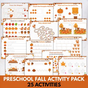 May include: A collection of 25 preschool fall activity sheets. The worksheets feature autumn-themed illustrations and activities, including tracing shapes, counting pumpkins, mazes, and coloring leaves. The pack is designed for early learning and fun.