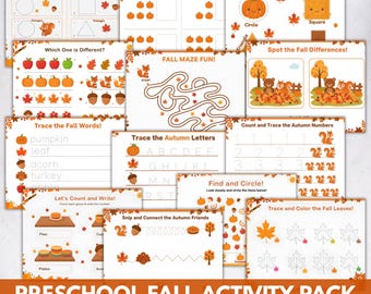 Fall Preschool Kindergarten Activity Pack, Fall Kid Activity, Autumn Worksheets, Autumn Workbook for Kids,Preschool Fall Worksheet Printable