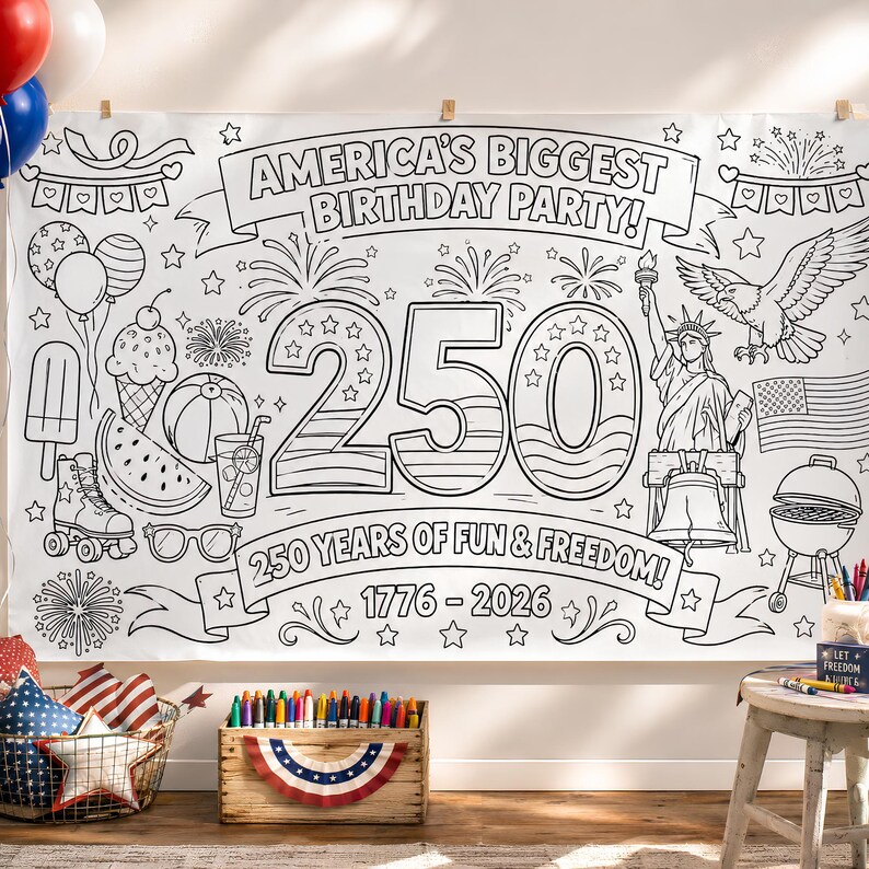 May include: A large black and white banner with the text "AMERICA'S BIGGEST BIRTHDAY PARTY!" and "250 YEARS OF FUN & FREEDOM!" features illustrations of fireworks, the Statue of Liberty, an eagle, and other patriotic symbols. The banner is designed for coloring.