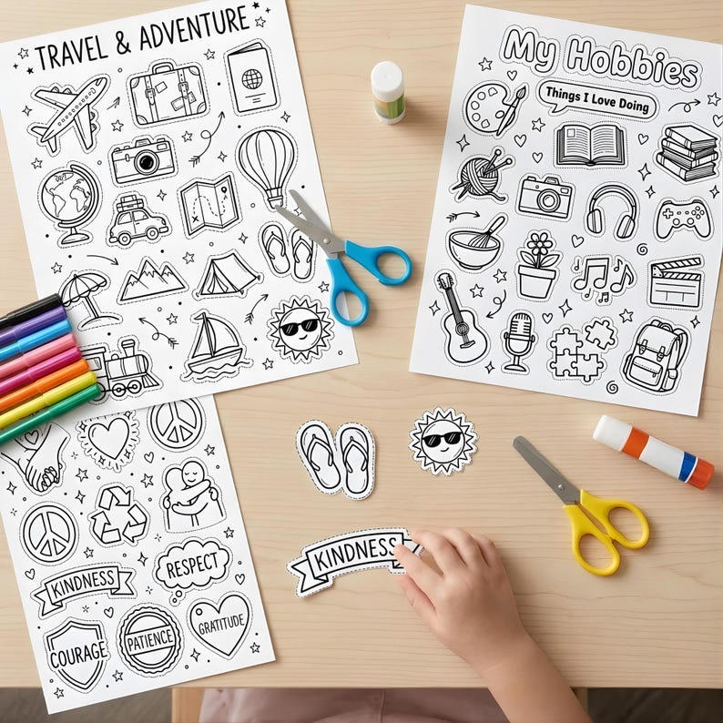 May include: Several black and white activity sheets with travel, adventure, and hobby themes. Includes scissors, glue sticks, and coloured markers. The sheets feature illustrations of a plane, suitcase, camera, and other icons. A hand is holding a sticker that says "KINDNESS".