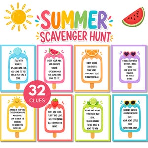 Summer Scavenger Hunt Printable, Indoor & Outdoor Treasure Hunt for Kids, Editable Clue Cards, Summer Party Game Activity, Screen Free Fun