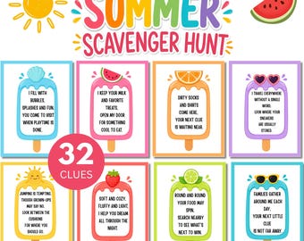 Summer Scavenger Hunt Printable, Indoor & Outdoor Treasure Hunt for Kids, Editable Clue Cards, Summer Party Game Activity, Screen Free Fun
