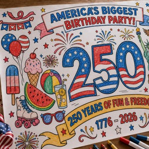 May include: A patriotic coloring page with the text "AMERICA'S BIGGEST BIRTHDAY PARTY!" and "250 YEARS OF FUN & FREEDOM". The number "250" is in red, white, and blue. Includes illustrations of balloons, ice cream, and fireworks.