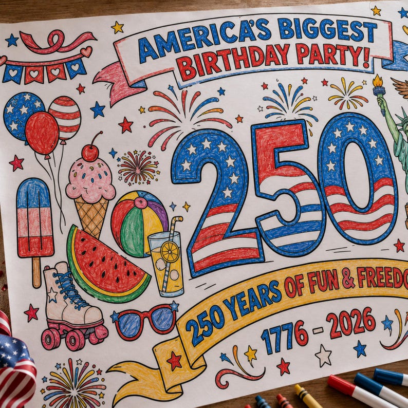 May include: A patriotic coloring page with the text "AMERICA'S BIGGEST BIRTHDAY PARTY!" and "250 YEARS OF FUN & FREEDOM". The number "250" is in red, white, and blue. Includes illustrations of balloons, ice cream, and fireworks.