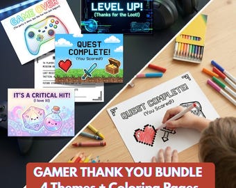 Gamer Thank You Cards Printable Bundle | Video Game Birthday Party Favors | Level Up Pixel Coloring Activity | Fill in Blank Note for Boys