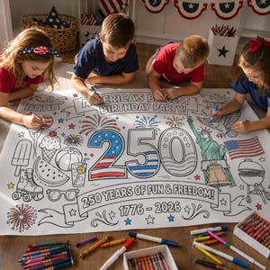May include: A large, white coloring sheet with the text "America's Biggest Birthday Party!" and "250 Years of Fun & Freedom!" is being colored by four children. The sheet features illustrations of fireworks, the Statue of Liberty, and other patriotic symbols.