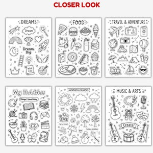 May include: Six black and white activity sheets with various themes. Themes include dreams, food, travel, hobbies, weather, and music. Each sheet features detailed illustrations of related objects, such as a rocket, pizza, a camera, and a guitar. The text "Closer Look" is at the top.