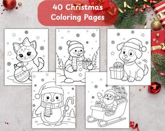 May include: A collection of 40 Christmas coloring pages. The pages feature line drawings of a cat, snowman, dog, penguin, and Santa Claus. The pages are surrounded by Christmas decorations.