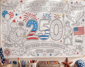 America 250 Collaborative Coloring Poster, Giant 4th of July Coloring Banner, USA 250 Party Activity, Patriotic Coloring, America Turns 250