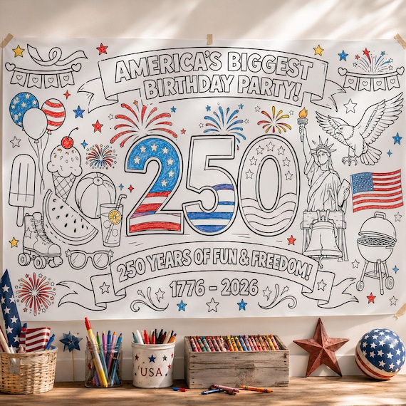 America 250 Collaborative Coloring Poster, Giant 4th of July Coloring Banner, USA 250 Party Activity, Patriotic Coloring, America Turns 250