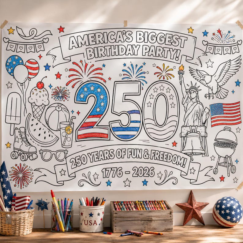 May include: A large white banner with the text "AMERICA'S BIGGEST BIRTHDAY PARTY!" and "250 YEARS OF FUN & FREEDOM!" features illustrations of fireworks, the Statue of Liberty, and the American flag. The number "250" is prominently displayed. The banner is designed for coloring.