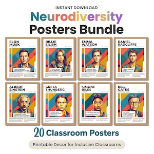 Puede incluir: Un conjunto de 20 carteles para el aula con figuras notables como Elon Musk, Billie Eilish y Albert Einstein. Cada cartel tiene un retrato, nombre y cita. Los carteles están diseñados para aulas inclusivas y están disponibles para descarga instantánea.