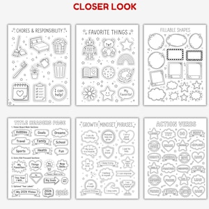 May include: A set of black and white printable activity sheets with different themes. The sheets feature illustrations of chores, favourite things, fillable shapes, title headers, growth mindset phrases, and action verbs. The text "CLOSER LOOK" is at the top.