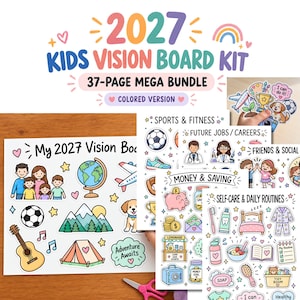 Puede incluir: Un kit de tablero de visión para niños 2027, un paquete de 37 páginas en versión a color. El kit incluye hojas impresas con ilustraciones coloridas de familias, equipos deportivos, profesiones, dinero y rutinas diarias para niños.