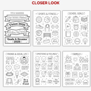 May include: Black and white sticker sheets with various themes. Themes include "My 2026 Vision", sports, school goals, friends, emotions, and family. Each sheet features detailed illustrations of related objects and phrases.