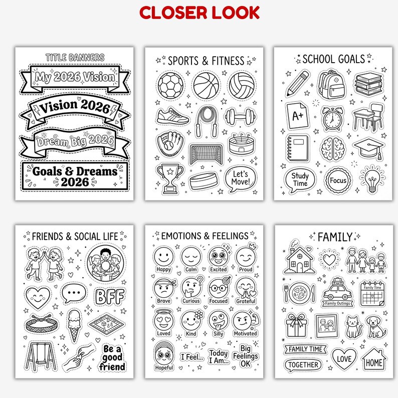 May include: Black and white sticker sheets with various themes. Themes include "My 2026 Vision", sports, school goals, friends, emotions, and family. Each sheet features detailed illustrations of related objects and phrases.