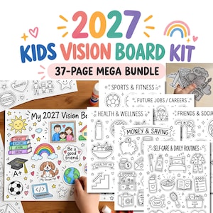 May include: A 2027 kids vision board kit 37-page mega bundle featuring colorful and black-and-white printable sheets. Includes illustrations of sports, careers, health, money, and daily routines with text labels for goal setting and creative activities.