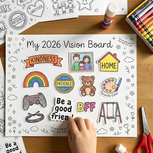 May include: A vision board labelled "My 2026 Vision Board" with colourful stickers, including a rainbow, a family portrait, a house, and the words "Kindness" and "BFF." A hand is placing a sticker that says "Be a good friend."