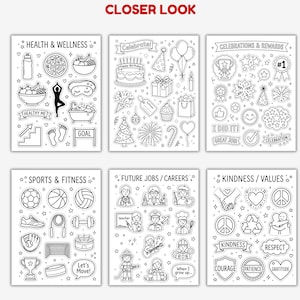 May include: Six black and white sticker sheets with different themes, including health, celebrations, sports, careers, and values. The text "CLOSER LOOK" is at the top. Each sheet features multiple illustrated stickers.