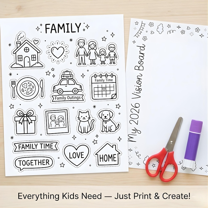May include: Two white sheets with black line art illustrations and text. One sheet has the word "FAMILY" and family-themed drawings. The other sheet says "My 2026 Vision Board". Red scissors and a purple glue stick are on the table. The text at the bottom says "Everything Kids Need - Just Print & Create!"