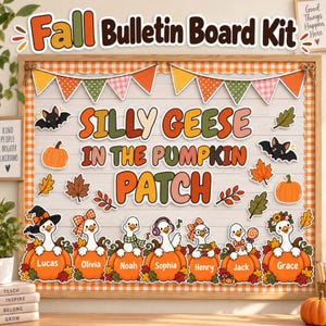 May include: A fall bulletin board kit featuring a white wood-grain background with orange gingham borders. The text reads SILLY GEESE IN THE PUMPKIN PATCH. Decorations include colorful pennants, bats, leaves, and geese sitting in pumpkins.