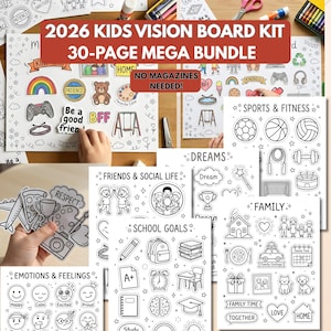 May include: A 2026 Kids Vision Board Kit with a 30-page mega bundle. The kit includes various themed pages with illustrations for sports, family, school goals, and emotions. The kit includes the text "No Magazines Needed!"
