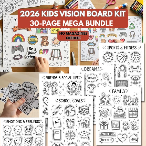 2026 Kids Vision Board Kit Printable, Vision Board for Kids,Family Vision Board Printables,Positive Affirmations,Boys and Girls vision board