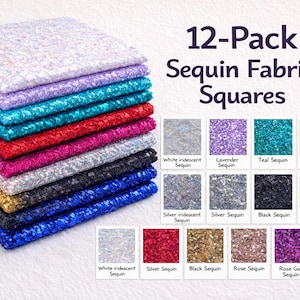 May include: A stack of 12 sequin fabric squares in various colors, including white iridescent, lavender, teal, red, silver, black, gold, rose, and royal blue. The image also shows color swatches with the names of each color.