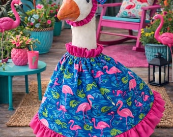 Conjunto de vestido y lazo de ganso hecho a mano – Estampado de flamencos rosas y azules, decoración de verano