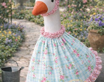 Conjunto de vestido y lazo de ganso hecho a mano – Decoración campestre con estampado floral de cuadros azules y rosas