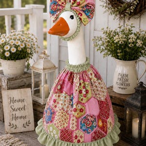 Handmade Patchwork Goose Dress with Bow – Porch Decor Outfit