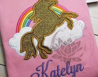 Camiseta de cumpleaños de unicornio con purpurina: camiseta personalizada con apliques de arcoíris