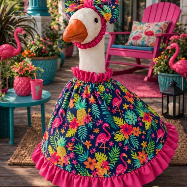 Handmade Goose Dress and Bow Set: Flamingo Print, Easter Decor