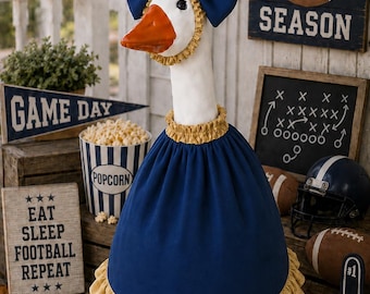 Handmade Navy Gold Football Goose Outfit, Game Day Porch Decor, Goose Dress Bow