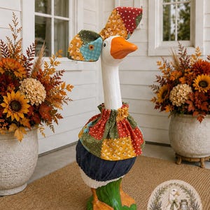 Handmade Patchwork Goose Outfit, Autumn Farmhouse Dress with Bow, Seasonal Décor