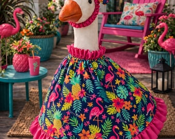 Conjunto de vestido y lazo de ganso hecho a mano: estampado de flamencos, decoración de Pascua