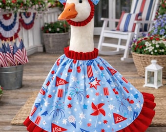 Conjunto de vestido y lazo patriótico de ganso hecho a mano – Traje de petardo de EE. UU.