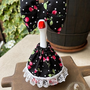 Mini Goose Dress Outfit, Cherry Print, Patchwork Bow, Handmade Farmhouse Decor (5-7 Inch)