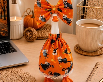 Handmade Halloween Black Cat Goose Outfit with Bow, Spooky Orange Dress