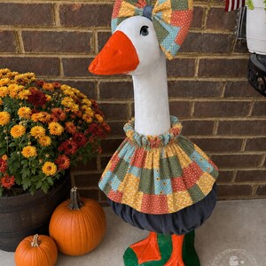 Handmade Patchwork Goose Outfit, Autumn Farmhouse Dress with Bow, Seasonal Décor
