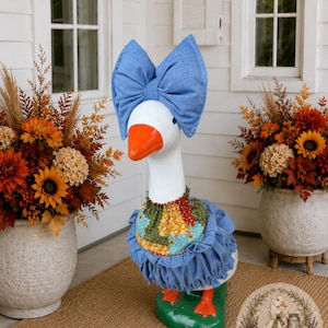 Handmade Patchwork Goose Outfit, Autumn Farmhouse Dress with Bow