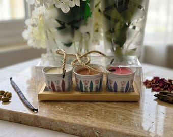 Set de regalo de velas de café árabe, cera de soja que cambia de color, cardamomo, rosa, oud y vainilla.