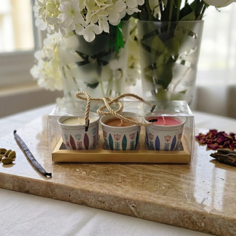 Cardamom, Rose Oud, or Vanilla Scented Arabic Coffee Candle | Organic Soy & Color-Changing Wax | Traditional Finjan Cup | Ink and Infuse All 3 Gift Set