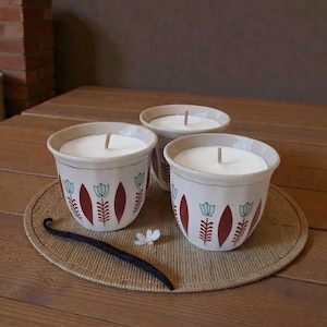May include: Three white ceramic cups filled with white wax and a central wick. The exterior of each cup features a repeating pattern of dark red vertical leaf shapes and light blue tulip-like flowers. A single vanilla bean lies nearby.