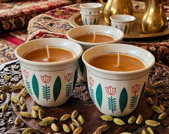 Vela de café árabe con aroma a cardamomo o vainilla / Cera de soja orgánica y que cambia de color (solo verde) / Taza tradicional Finjan / Tinta e infusión